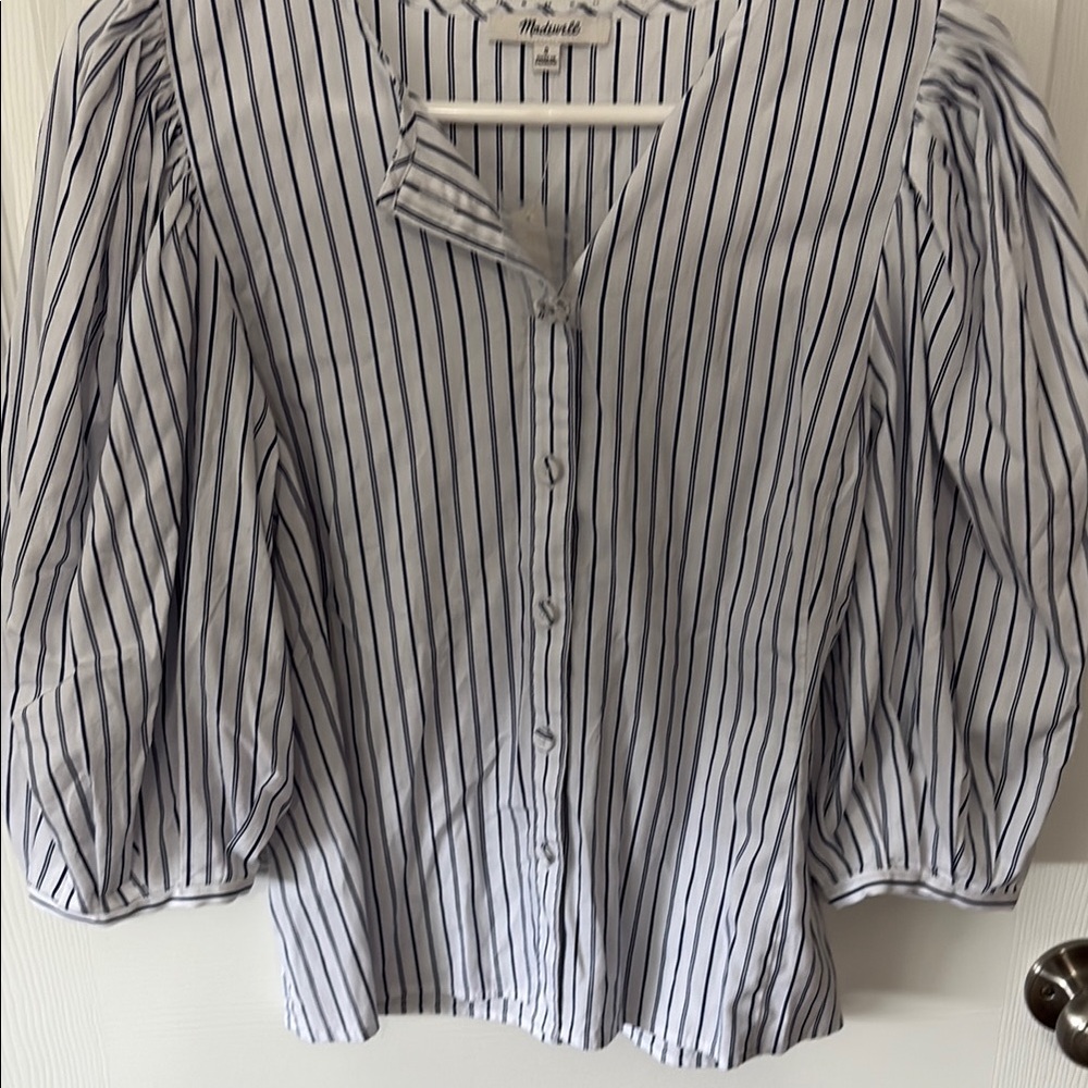 Madewell White and Blue  Puff Sleeve Blouse